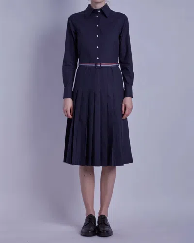 Thom Browne Elegant Midi Shirt Dress With Pleated Skirt And Tri-color Belt In Blue