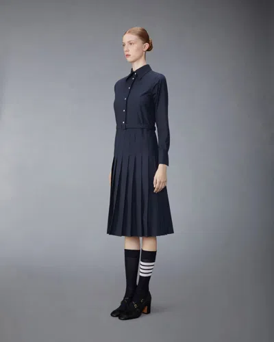 Thom Browne Elegant Midi Shirt Dress With Pleated Skirt And Tri-color Belt In Blue