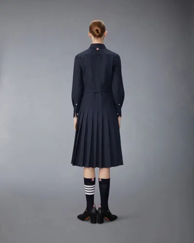 Thom Browne Elegant Midi Shirt Dress With Pleated Skirt And Tri-color Belt In Blue