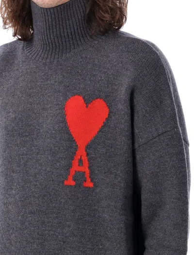 Shop Ami Alexandre Mattiussi Ami Paris Adc Funnel Neck Sweater In Grey Red