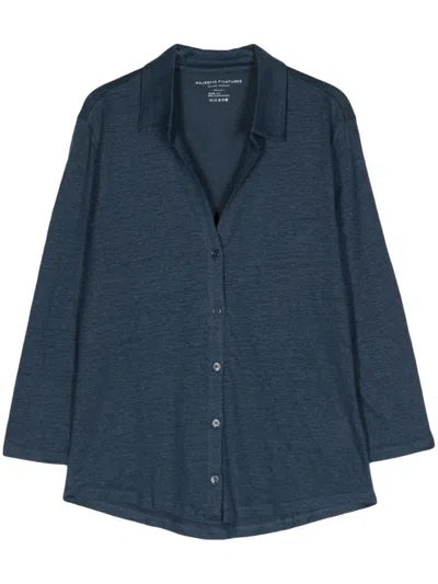 Shop Majestic Filatures 3/4 Sleeve Linen Shirt In Blue