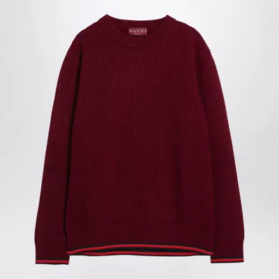 Gucci Red Crewneck Sweater With Web Detail In Ribbed Wool Blend Man In Red
