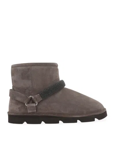 Brunello Cucinelli Suede Ankle Boots With Shearling Lining In Brown