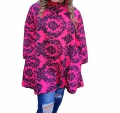 Erma’s Closet Damask Print Swing Jacket In Hot Pink/black In Multi