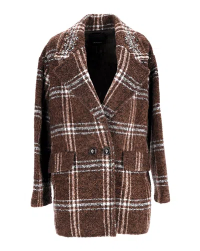 Pinko Double-breasted Check Coat In Brown Polyester In Brown