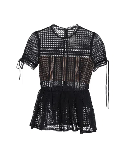 SELF-PORTRAIT GUIPURE LACE PEPLUM TOP IN BLACK COTTON 