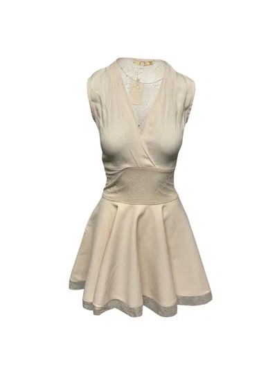 Maje Lace Detail Mini Dress In Cream Viscose In Beige