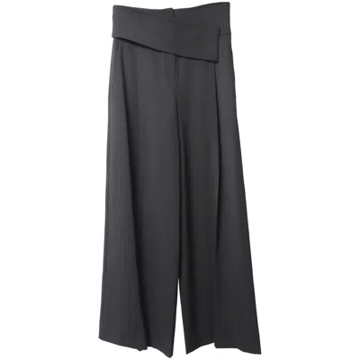 Emporio Armani Buttoned Asymmetric Waistband Wide Leg Trousers In Black Cotton In Black