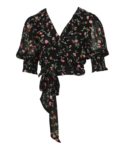 Ganni Floral Chiffon Wrap Blouse In Black Viscose In Black