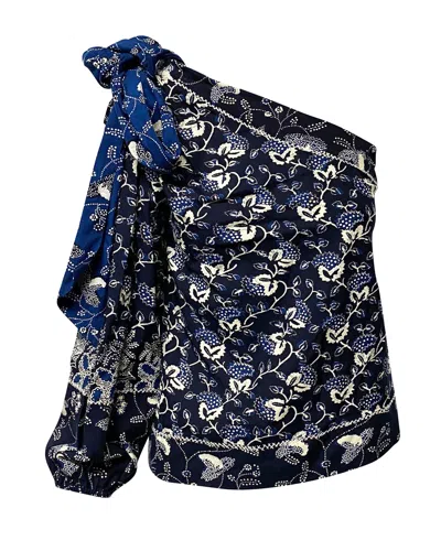 Ulla Johnson Asima Batik One Shoulder Blouse In Blue Cotton In Blue