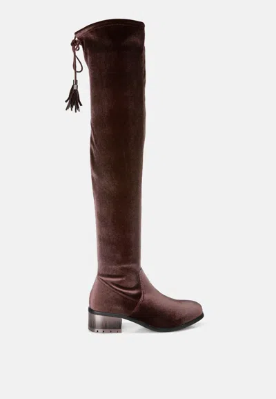 London Rag Rumple Velvet Over The Knee Clear Heel Boots In Red