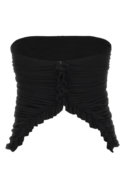 Saint Laurent Cupro Strapless Top With Ruched Asymmetric Hem In Black