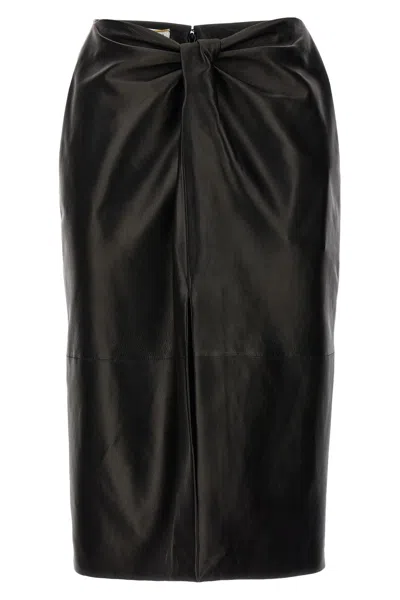 Saint Laurent Ruched Detail Leather Skirt In Black