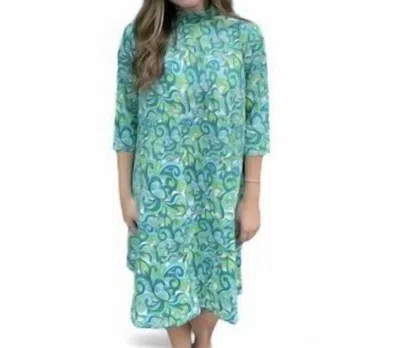 Erma’s Closet Swirl Print Moc Neck Dress In Blue/green In Multi