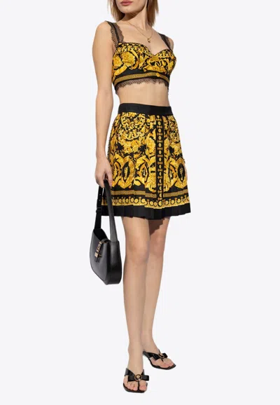 Versace Lace-trimmed Printed Silk-twill Bralette In Black