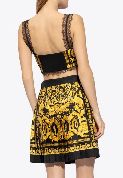 Versace Lace-trimmed Printed Silk-twill Bralette In Black