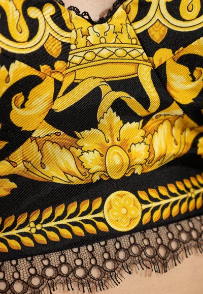 Versace Lace-trimmed Printed Silk-twill Bralette In Black