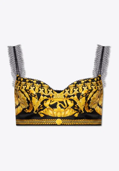 Versace Lace-trimmed Printed Silk-twill Bralette In Black