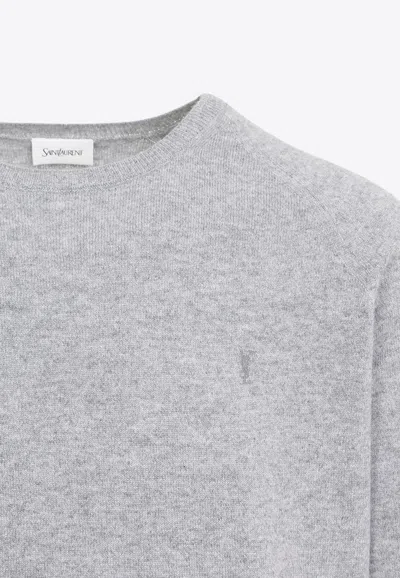 Saint Laurent Grey Crewneck Sweater With Cassandre In Cashmere Man In Gray