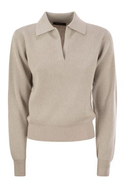 Fabiana Filippi V-neck Rib Trim Knit Polo Sweater In Beige