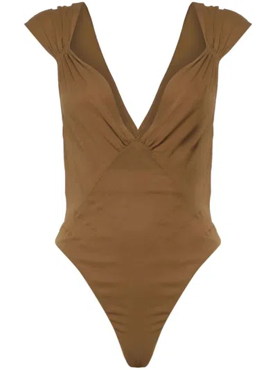 Saint Laurent Semi-sheer Cross-back Bodysuit In Silk Muslin In Brown