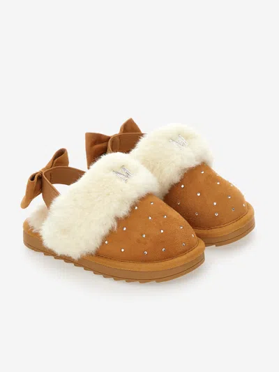 Monnalisa Rhinestone Suede Sliders In Beige