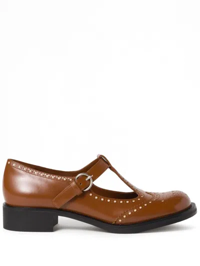 Miu Miu T-strap Leather Brogue Shoes In Tabacco+avorio