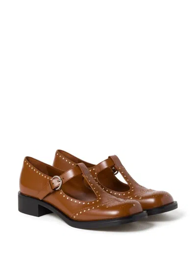 Miu Miu T-strap Leather Brogue Shoes In Tabacco+avorio