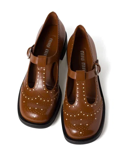 Miu Miu T-strap Leather Brogue Shoes In Tabacco+avorio