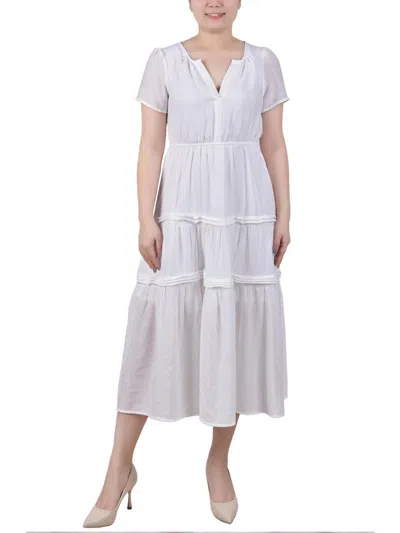 Ny Collection Petite Short Sleeve Tiered Midi Dress In White