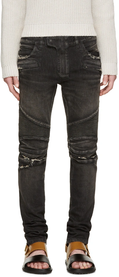 Balmain 16.5cm Biker Faded Stretch Denim Jeans In Black