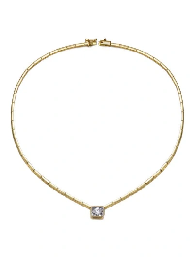 Rachel Glauber 14k Gold Plated With Clear Cubic Zirconia East-west Solitaire Necklace In Gold