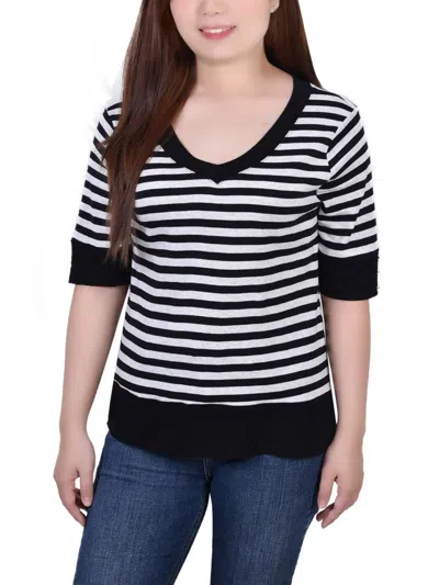 Ny Collection Petites Womens Button Sleeves Cotton Pullover Top In Multi