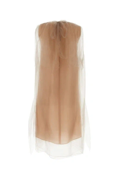 Prada Sheer Overlay Layered Round Neckline Dress In Pink
