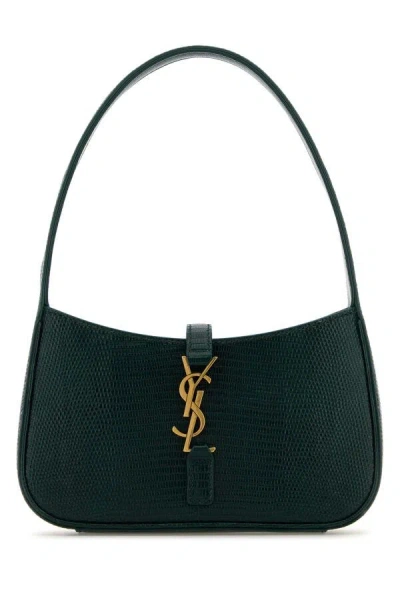 Saint Laurent Mini Structured Reptile Embossed Top Handle Handbag In Green