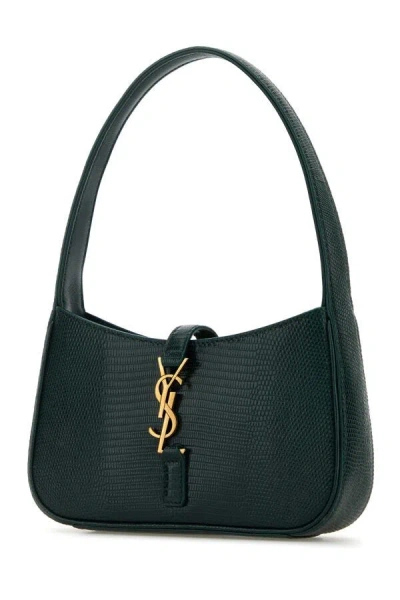 Saint Laurent Mini Structured Reptile Embossed Top Handle Handbag In Green