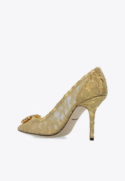 Dolce & Gabbana Lurex Lace Rainbow Pumps With Brooch Detailing In Gold