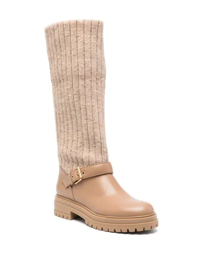 Gianvito Rossi Thurso Stretch Knit Mid-calf Boots In Beige