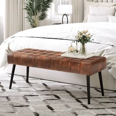 Quikfurn Mid-century Modern Bedroom Bench With Brown Pu Leather Seat And Tapered Legs