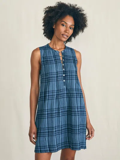 Faherty Isha Plaid Pintuck Organic Cotton Minidress In Clearwater Navy Plaid