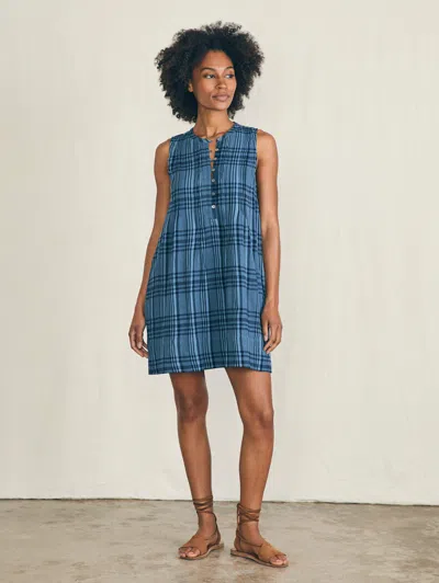 Faherty Isha Plaid Pintuck Organic Cotton Minidress In Clearwater Navy Plaid