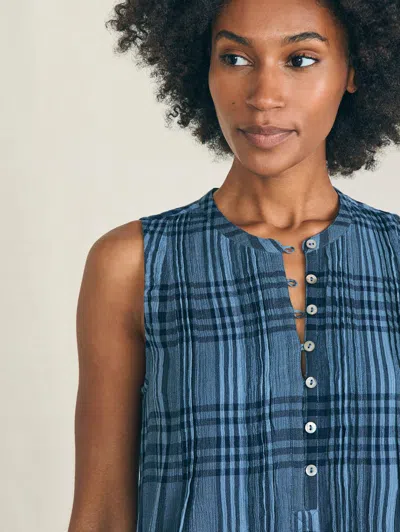 Faherty Isha Plaid Pintuck Organic Cotton Minidress In Clearwater Navy Plaid