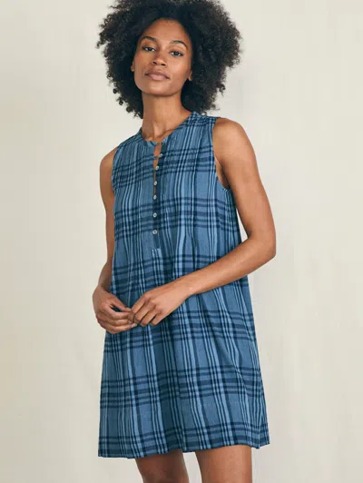 Faherty Isha Plaid Pintuck Organic Cotton Minidress In Clearwater Navy Plaid