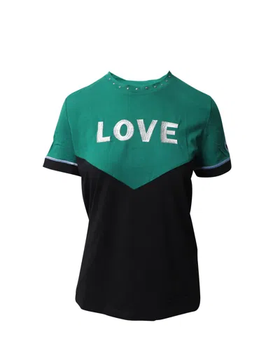 Maje Toevi Love Embroidered Bicolor T-shirt In Green And Black Cotton In Green
