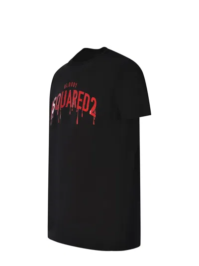Dsquared2 Black Crewneck T-shirt With Contrasting Print At The Front In Black