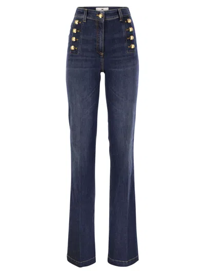 Elisabetta Franchi Stretch Cotton Flared Jeans With Side Button Fastening