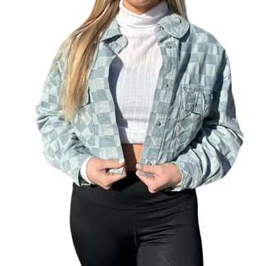 Trend:notes Checkerboard Print Cropped Denim Jacket In Blue