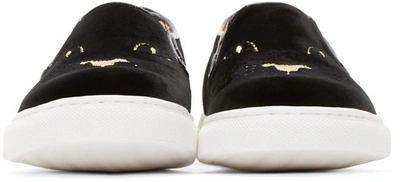 Shop Charlotte Olympia Black Velvet Kitty Slip-on Sneakers