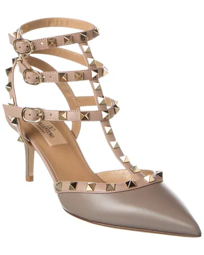 Valentino Rockstud Caged 65 Leather Ankle Strap Pump In Beige