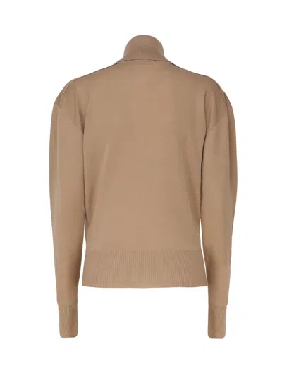 Burberry High-neck Wool Sweater With Logo Intarsia In Buscuit